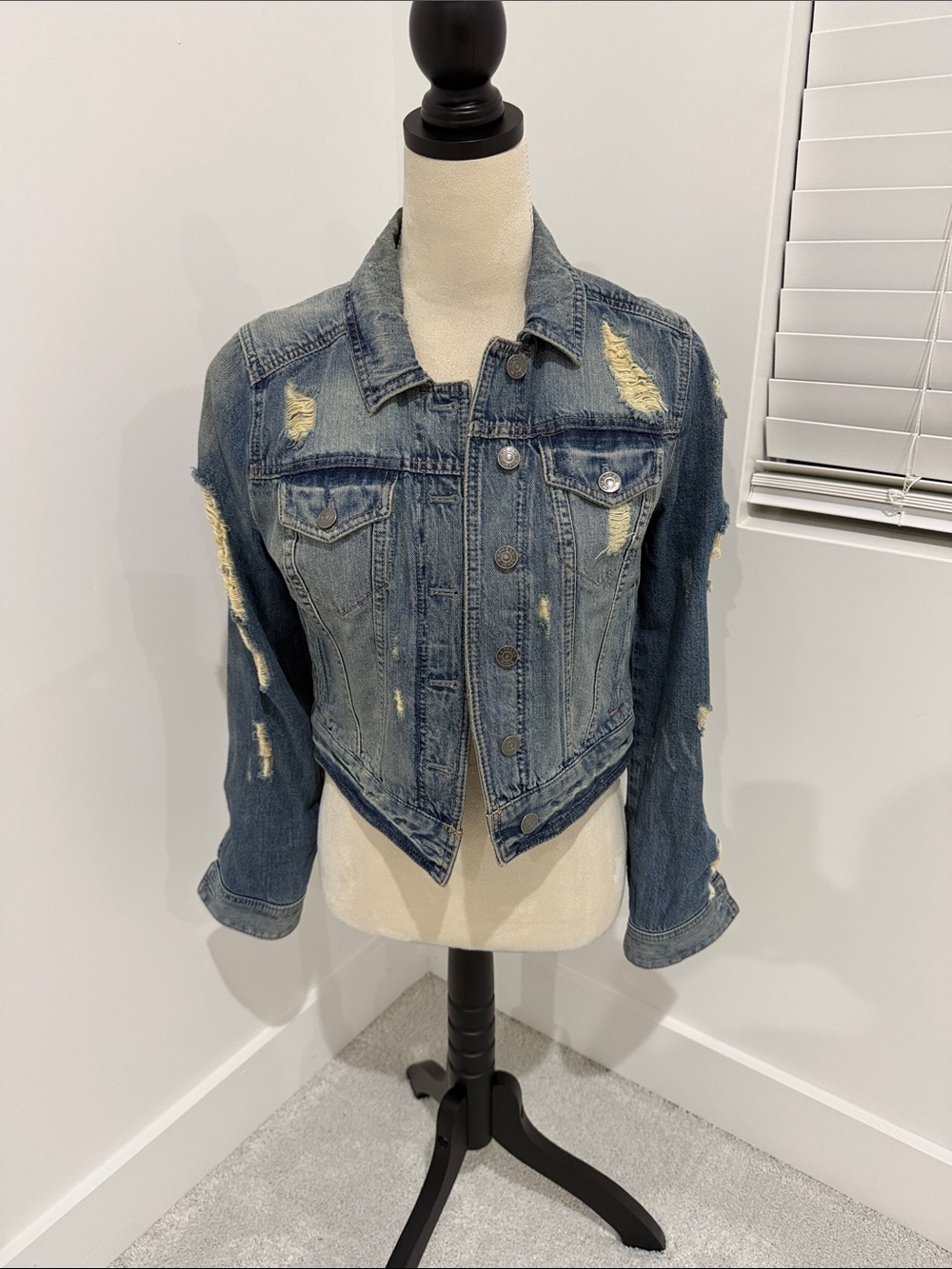 Express Distressed Blue Cropped Denim Jacket